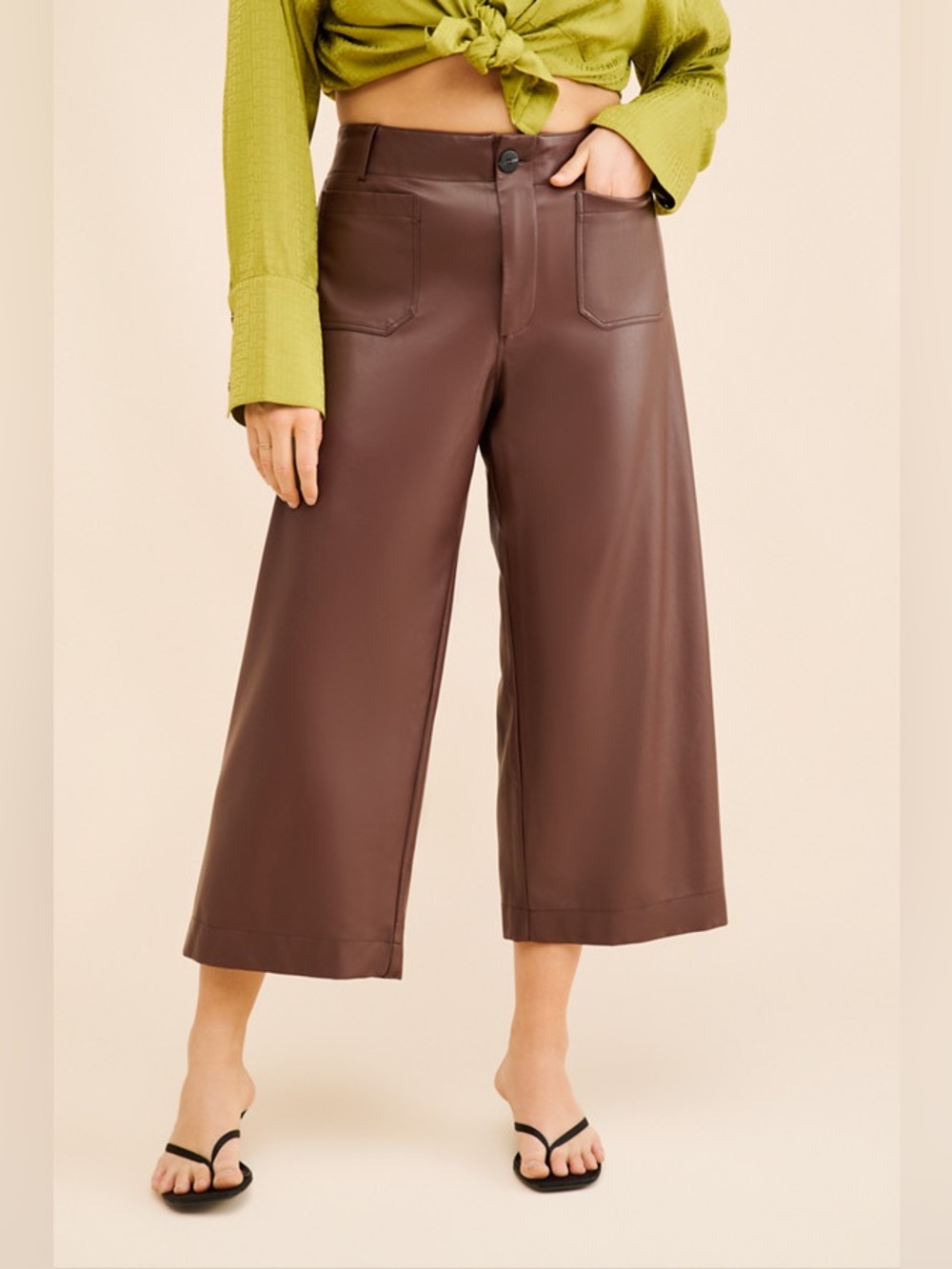 MAEVE • The Colette high rise wide leg pant vegan faux leather brown 32 petite